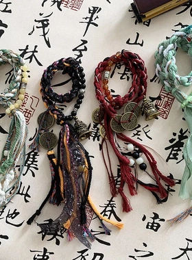 李火旺手绳藏风双圈手绳五帝钱手工编织民族新中式谛听太岁牌手链