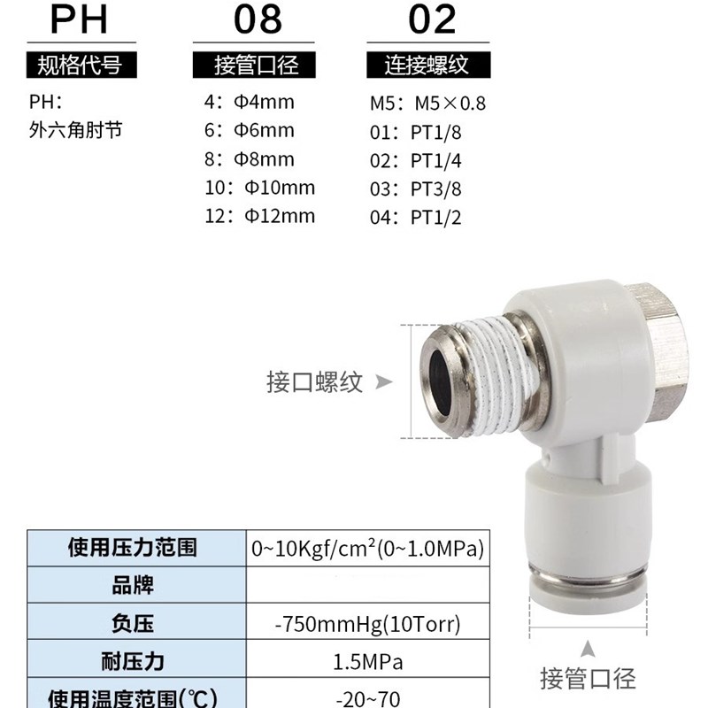 亚德客型PbH6-01外六角气管快插接头8-02 10-03 12-04直角弯头4-M