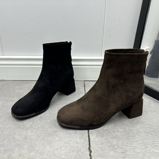 撤柜断码处理女鞋2025冬季新款时尚气质舒适粗跟方头加绒保暖短靴