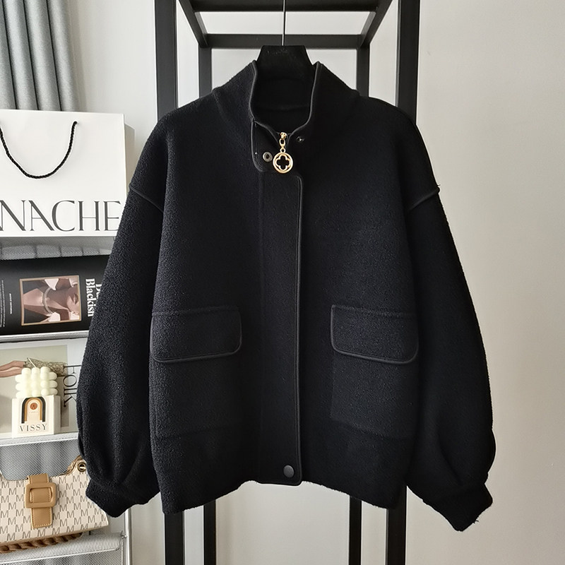 欧洲站欧货时尚立领外套2021秋冬新款爆款宽松拉链针织毛呢外套