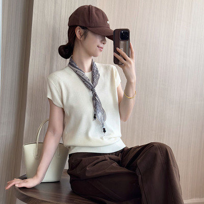 2025早秋新款短袖针织衫T恤女圆领减龄巨好看丝巾配薄款羊毛上衣