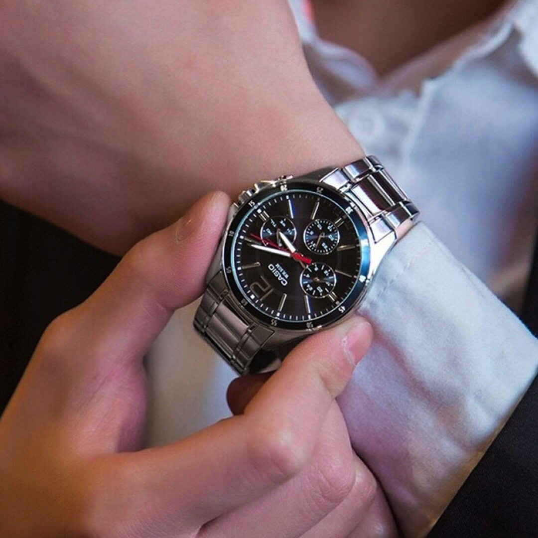 卡西欧防水三眼设计 商务白领石英表 黑暗之心 mtp-1374/1375d-1a