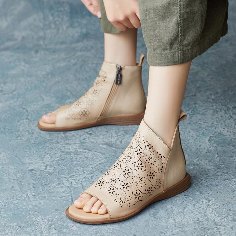2024夏季新款牛皮手工英伦风平底凉鞋侧拉链鱼嘴凉靴女靴罗马凉靴