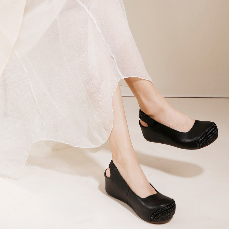 休闲复古凉鞋2024春夏新款圆头舒适浅口一脚蹬软底女鞋松糕厚底鞋