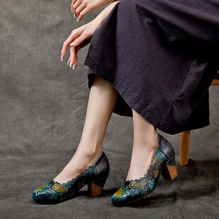 2025春夏新款民族风真皮女鞋浅口圆头舒适百搭高跟鞋单鞋镂空凉鞋
