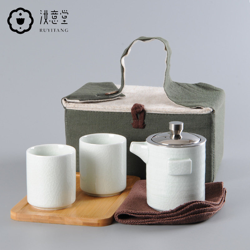 清仓汝窑一壶二杯茶具套装旅行便携车载陶瓷开片可养办公室家用