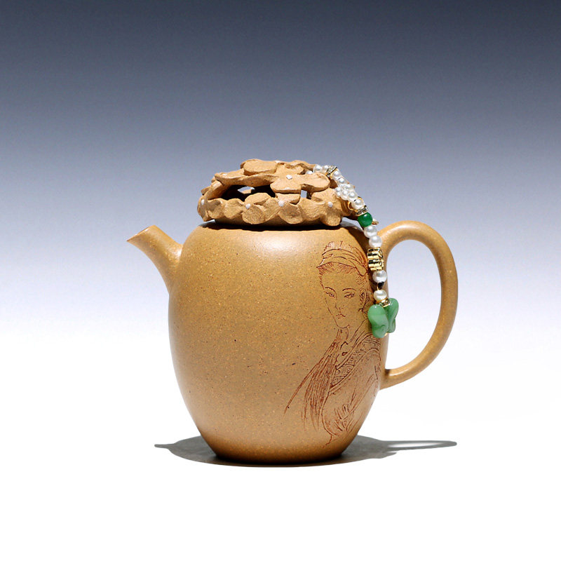 【两笔】宜兴原矿紫砂壶全手工茶壶小众茶具段泥刻绘回眸150c