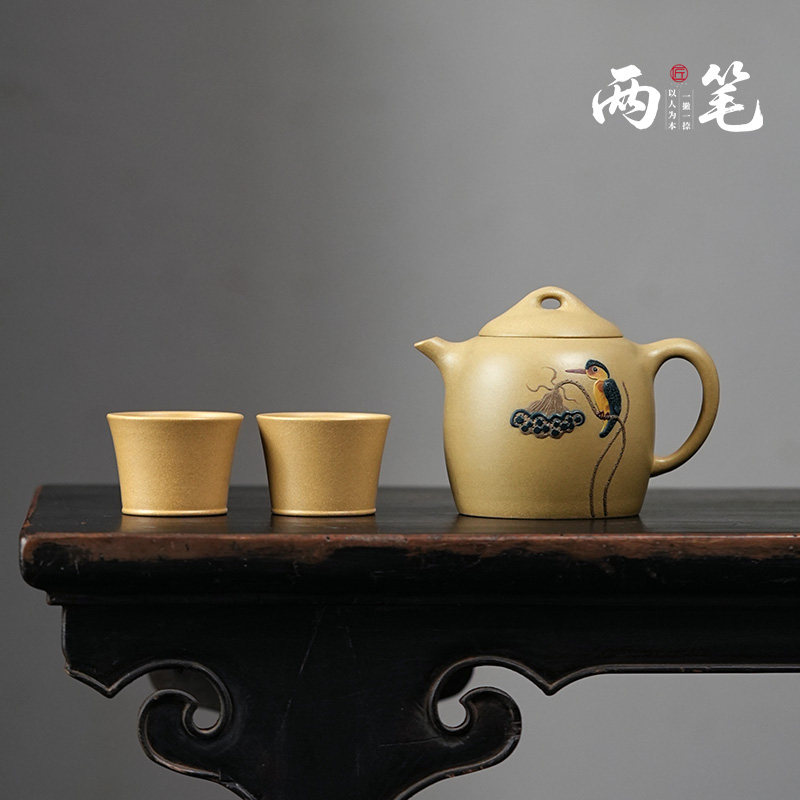宜兴紫砂壶潘晔手工泡茶壶茶具家用套装原矿段泥绘翠鸟秦权310cc
