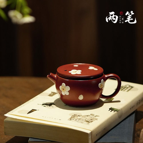 宜兴紫砂壶小茶壶泥绘桃花汉瓦