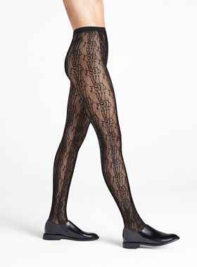 绝版限量奥地利WOLFORD LOGO提花 网眼镂空 棉裆黑色渔网袜 19234