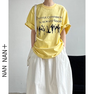 潮休闲字母印花短袖 圆领宽松时尚 T恤 复古人物纯棉上衣女夏季 美式