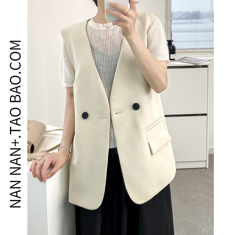 韩版纯色V领西装马甲外套女春夏宽松显瘦休闲百搭无袖西服开衫潮