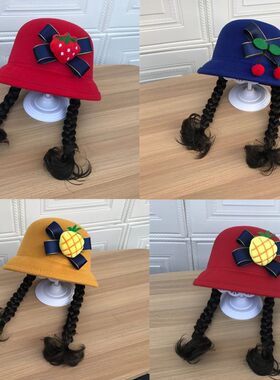 春秋冬季儿童帽子1-3-5-9岁女童假发辫子小礼帽女宝宝毛呢公主帽