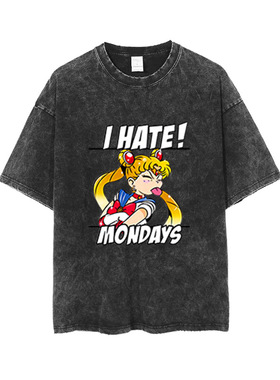 美少女战士水冰月欧美街头水洗做旧短袖T恤男女新款棉t嘻哈夏装新