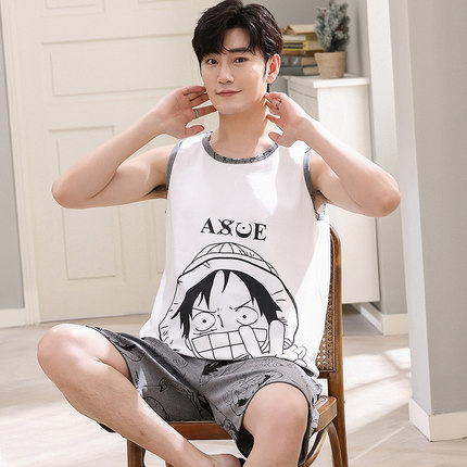 夏季男式睡衣初中学生薄款青少年大童12-18岁夏天纯棉背心家居服