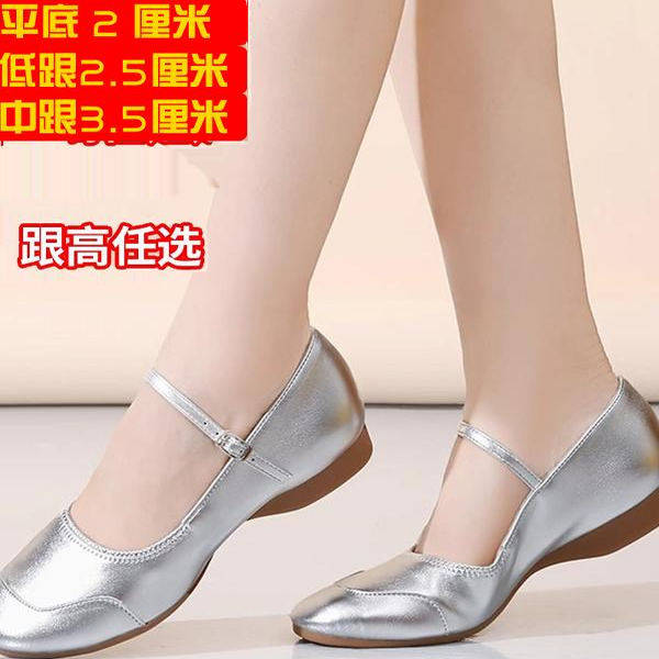 广场舞鞋女新款平跟跳舞鞋室外演出软底交谊舞蹈鞋银色成人中老年