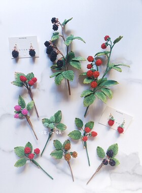 微钩手作树莓红莓饰品花枝耳环胸针花束拍照道具小众饰品花朵果实