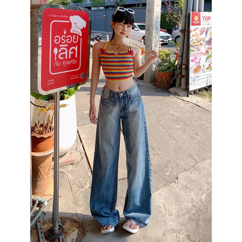 弄格2026春季新款美式复古水洗宽松直筒牛仔裤女百搭垂感阔腿裤子