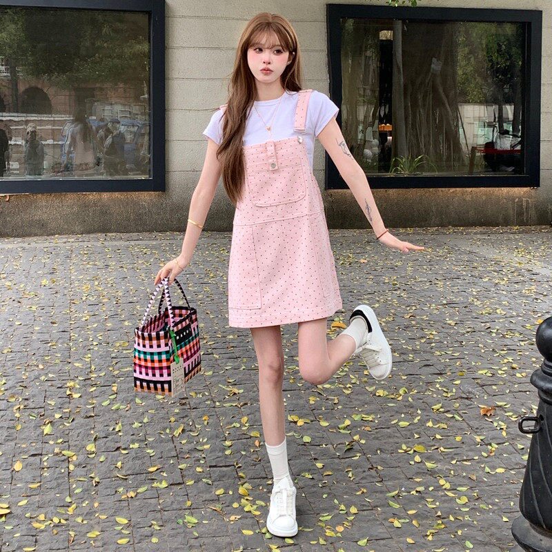 牛仔纯棉百搭夏季女装胸前口袋减龄波点背带裙收腰连衣裙高腰显瘦