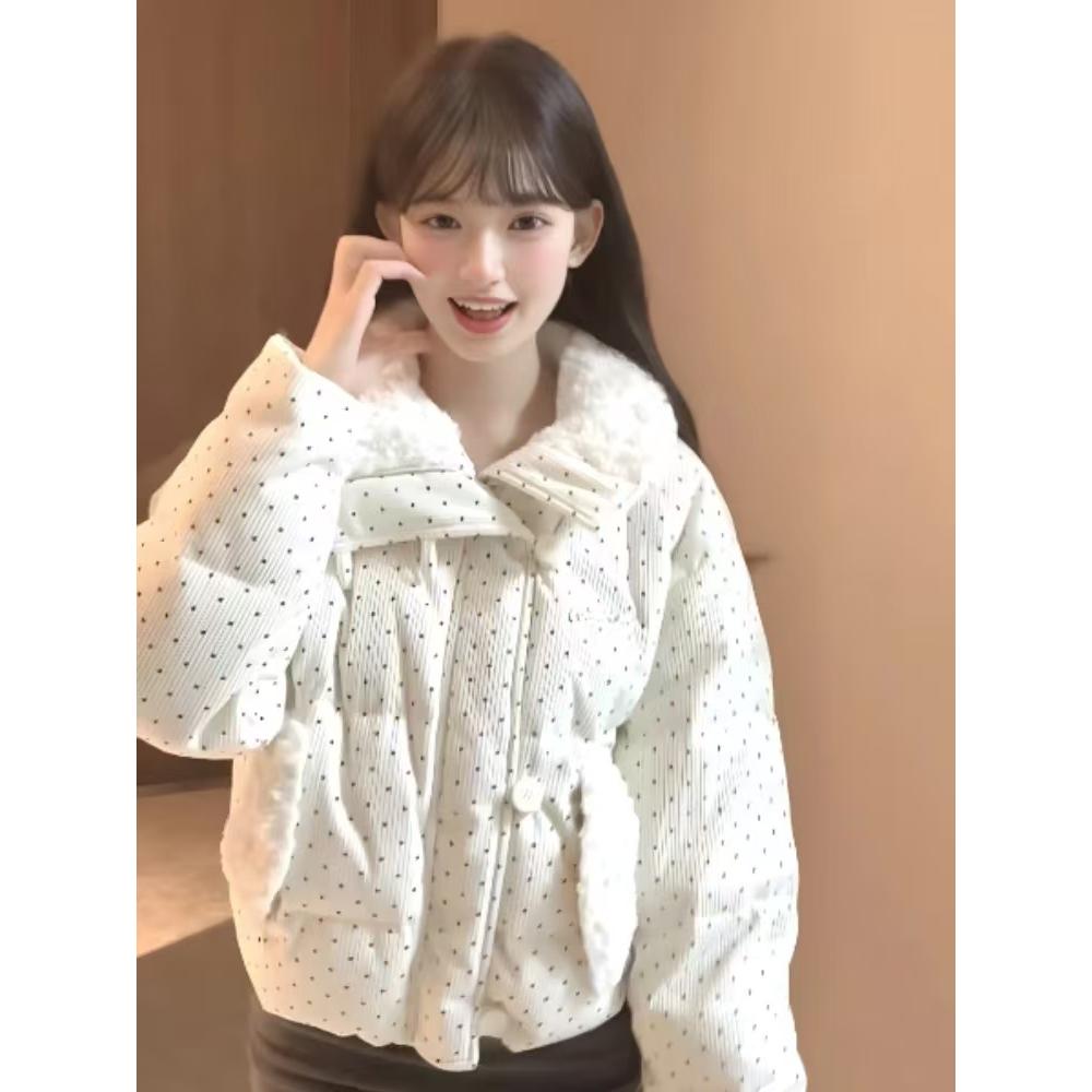 韩系甜美风波点毛领羽绒棉服外套女秋冬季宽松加厚保暖短款面包服