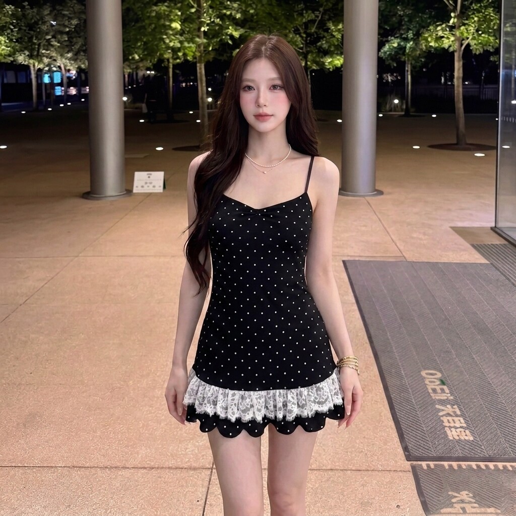 复古黑底波点吊带连衣裙女夏季V领蕾丝拼接荷叶下摆修身辣妹短裙h