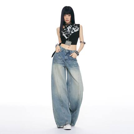 拼接设计高街美式磨白阔腿拖地女小个子宽松显瘦直筒牛仔裤