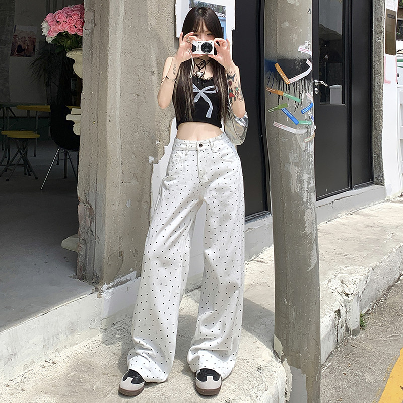 波点碎花牛仔长裤女夏季新款韩版高腰宽松百搭休闲直筒阔腿拖地裤