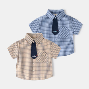 童装 140码 男童短袖 儿童格子衬衣宝宝上衣90 衬衫 20252025夏季