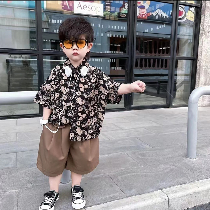 男童爆款花衬衣2025夏季新款薄款儿童短袖衬衫中小童宝宝帅气套装