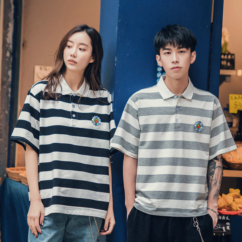 TRUNKS 刺绣太阳花短袖复古条纹简约polo衫男女宽松休闲情侣T恤潮|ruв категории Мужская одежда, поло - от Buy2taobao.com для оказания профессиональной услуги покупки агента Taobao