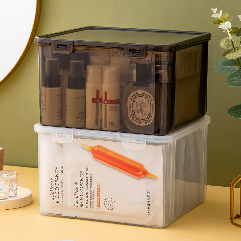 防尘化妆品面膜收纳盒正方轻奢透明收纳箱带盖桌面梳妆台置物架