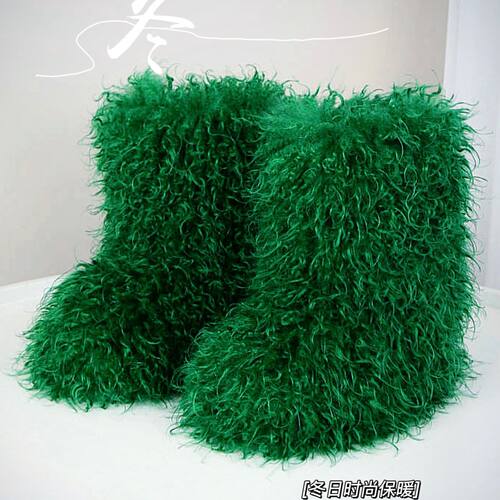 毛毛靴羊卷毛加绒加厚