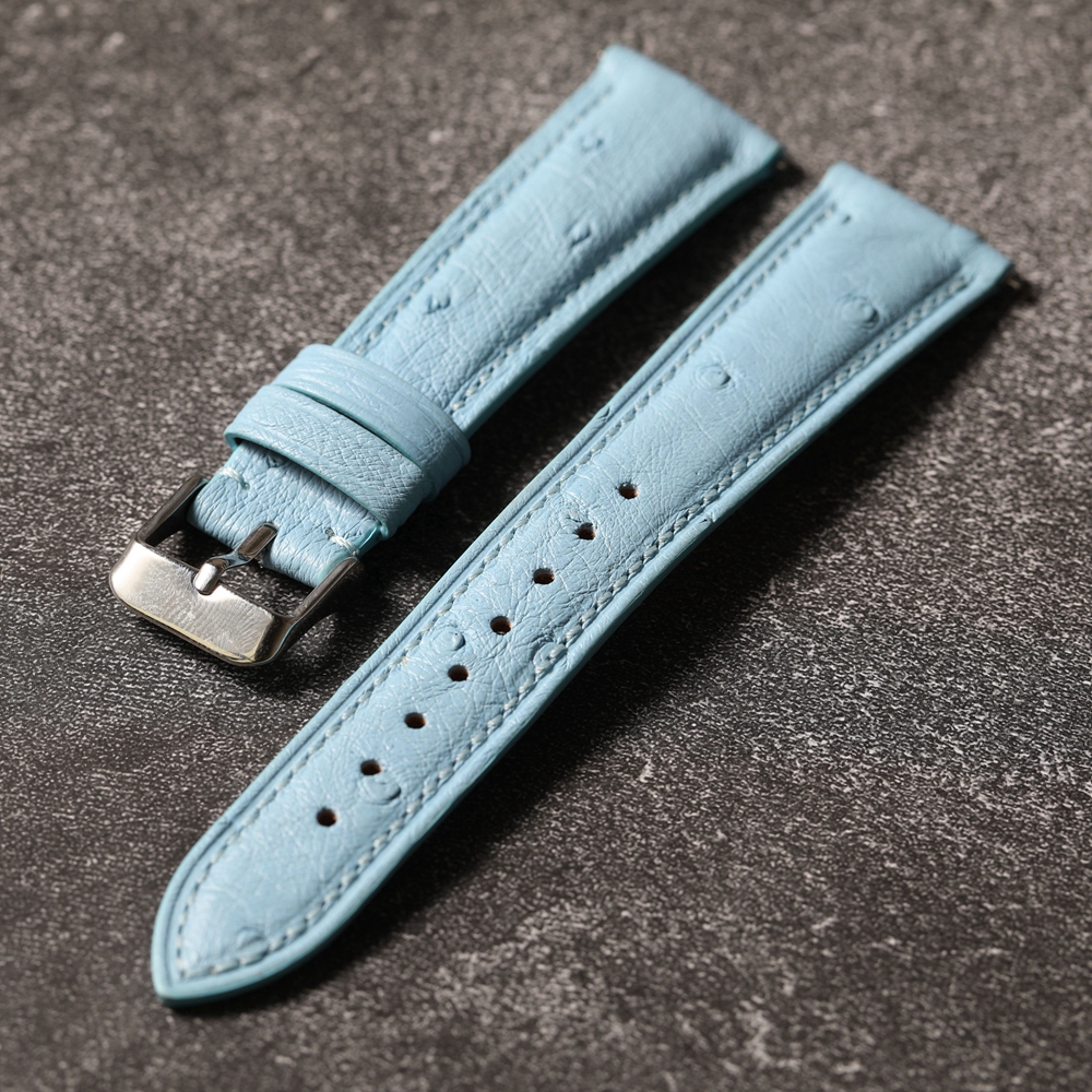 手工南非鸵鸟皮冰川蓝色真皮表带