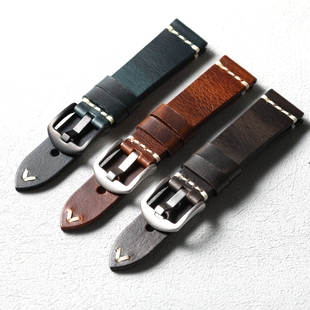 手工复古20  22MM意大利牛皮表带 对折油蜡真皮适配精工 水鬼表链