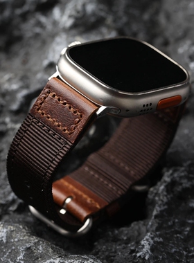 手工尼龙贴合真皮表带适配iWatch 苹果手表 49MM 45MM 44MM男表链