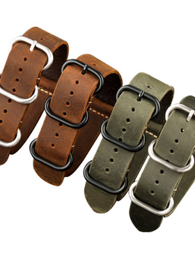 手工复古疯马真皮表带20 22 24MM柔软nato适配DW复古牛皮男表链