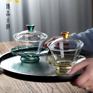 大号荷叶泡茶碗泡茶杯子 玻璃三才盖碗耐热茶杯家用功夫茶具套装