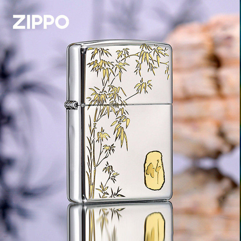 zippo打火机镜面雕刻步步高升竹 防风煤油火机父亲节礼物男士专用