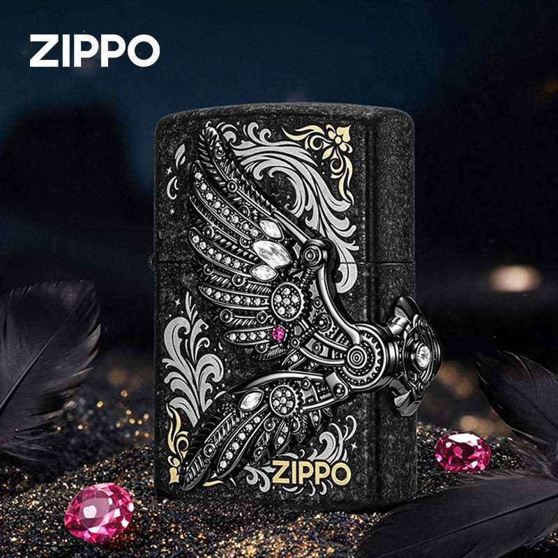 zippo打火机正品 暗夜之翼三面贴章镶钻黑色翅膀防风煤油火机礼物