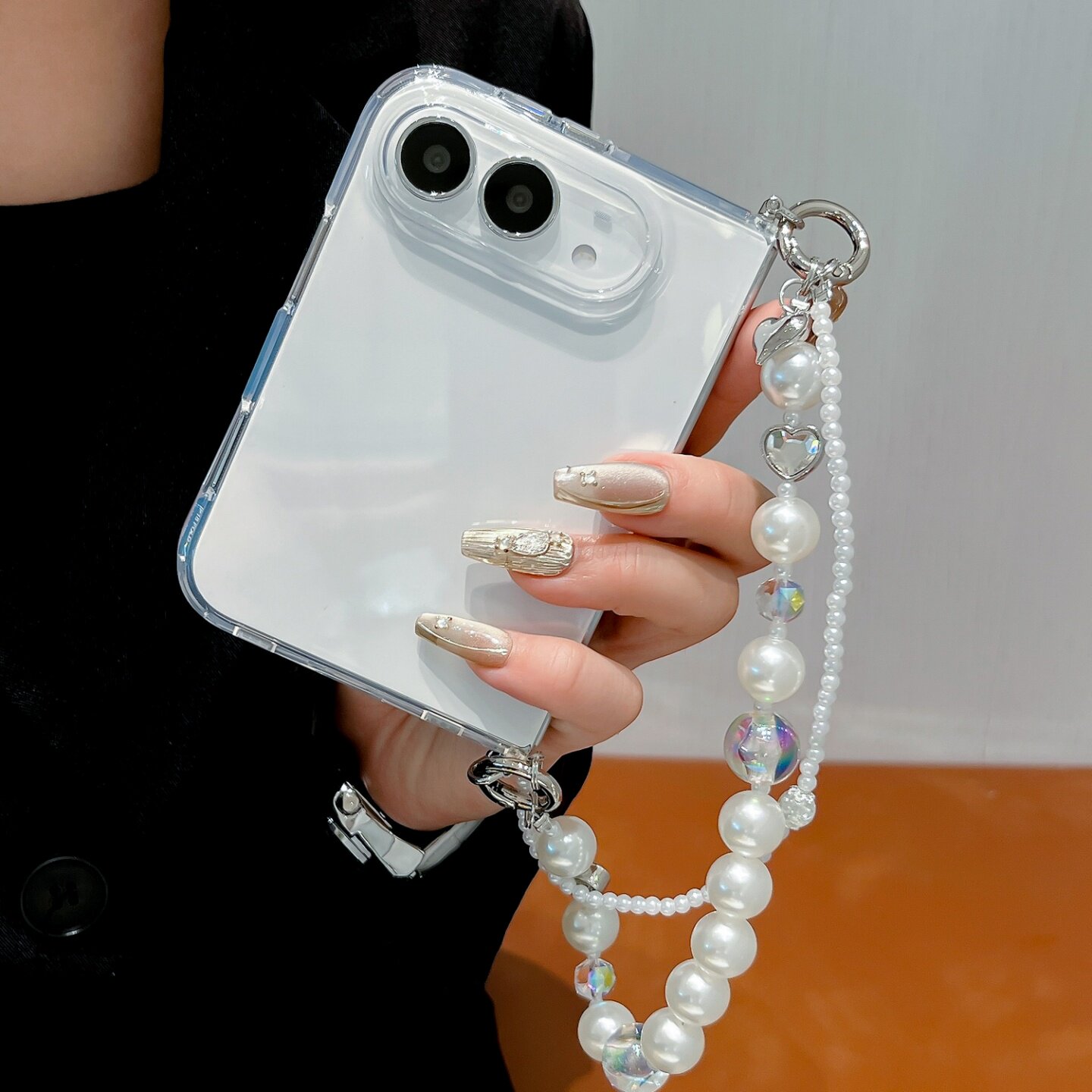 简约透明软胶手提式珍珠链适用于手机壳iPhone Duo保护套软壳新款翻盖苹果iphoneduo折叠屏全包防摔外壳Duo女