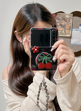 原创黑色小樱桃磁吸支架适用华为PuraX手机壳pocket2小米mixflip2包铰链OPPOfindn3flip手提链荣耀MagicVFlip