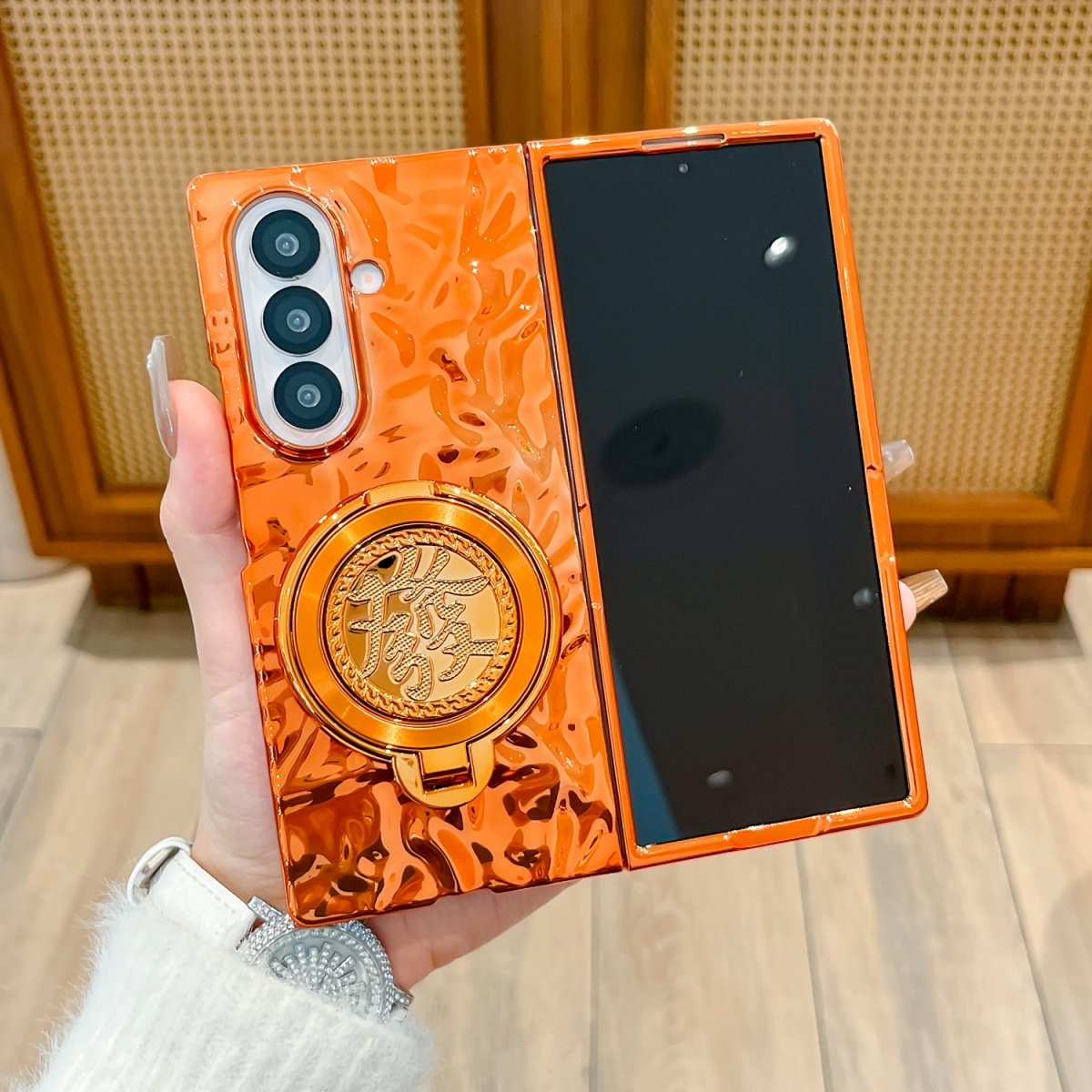 喜庆新中式橙色电镀皱褶旋转发财支架适用三星Galaxy Z Fold7/6保护套手机壳折叠屏zflip5/4/3高端翻盖个性潮