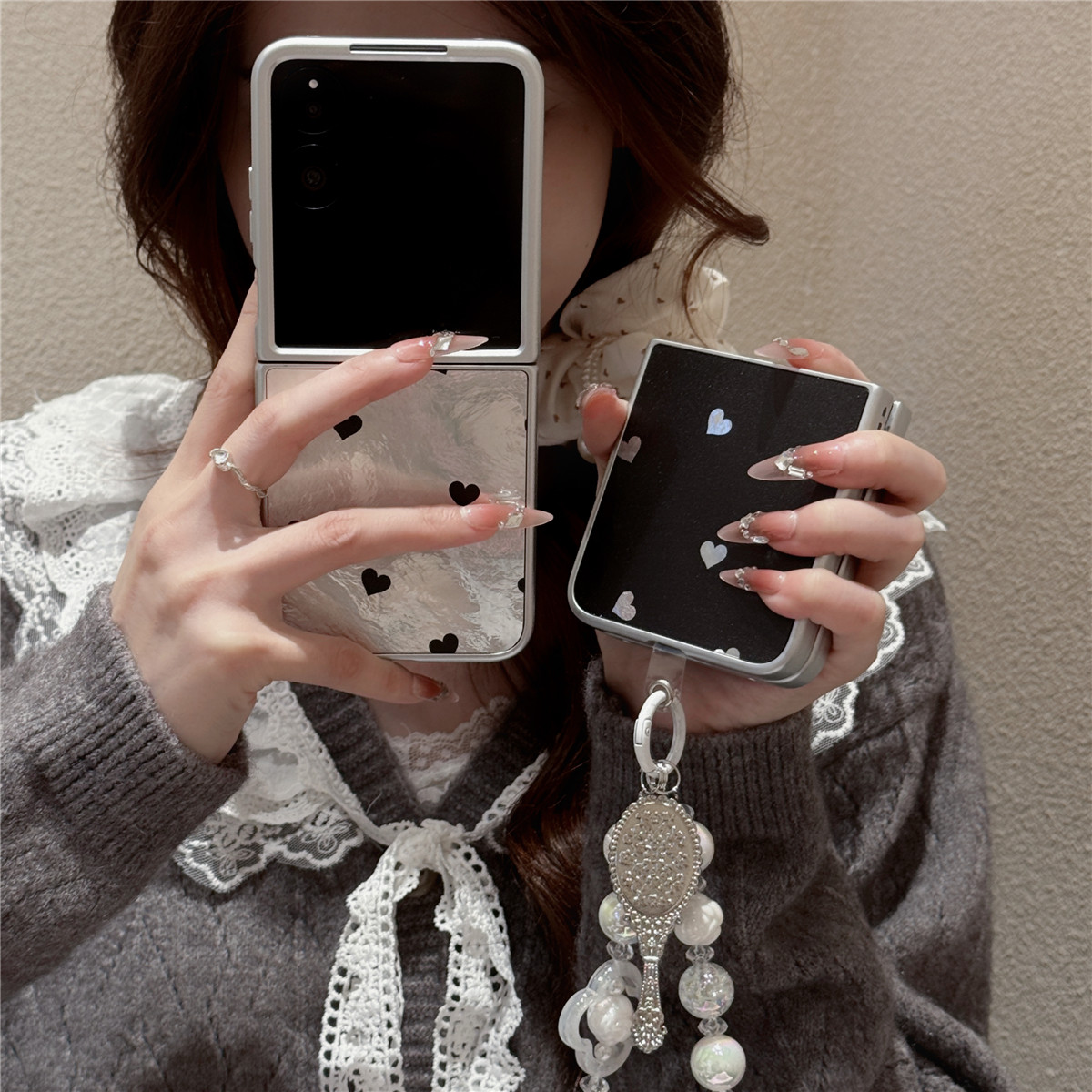 简约ins满屏黑白爱心适用荣耀MagicVFlip手机壳折叠屏vflip小翻盖防摔壳小米MIXFlip保护套电镀冰川纹mixflip