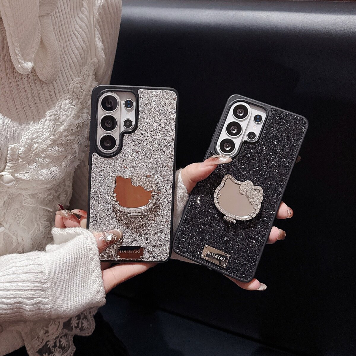 可爱银闪粉闪钻kitty镜子支架适用三星S26Ultra手机壳保护套Galaxys23/s24/s25plus全包防摔新款个性s26ultra