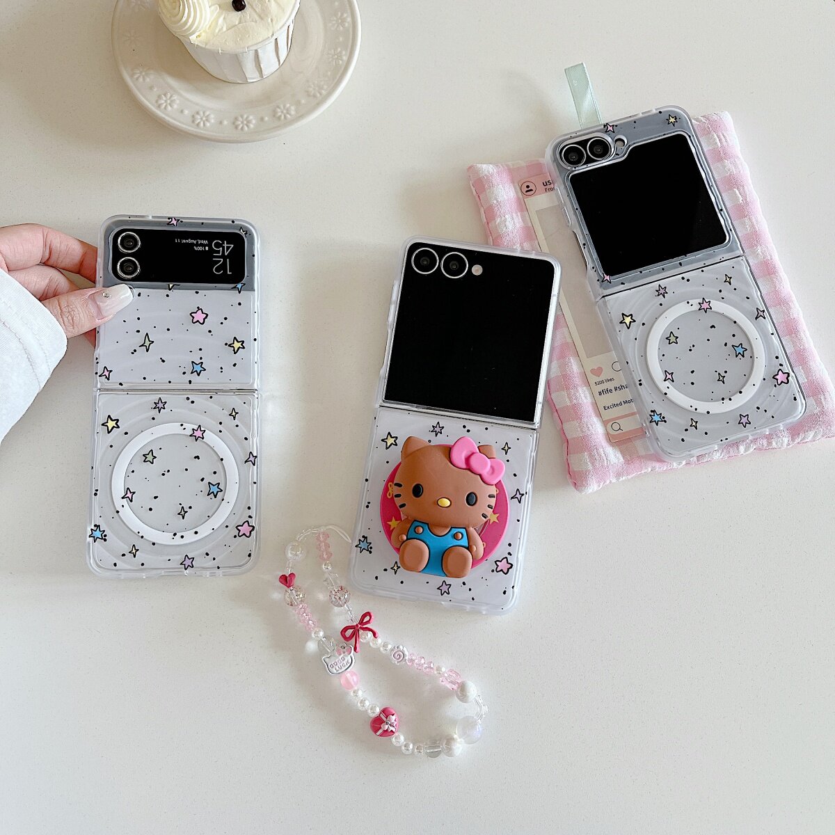 波漾壳泼墨星星立体黑皮kt磁吸支架适用三星zflip7/6/5/4/3手机壳折叠屏Galaxyw24flip翻盖防摔小米mixflip2