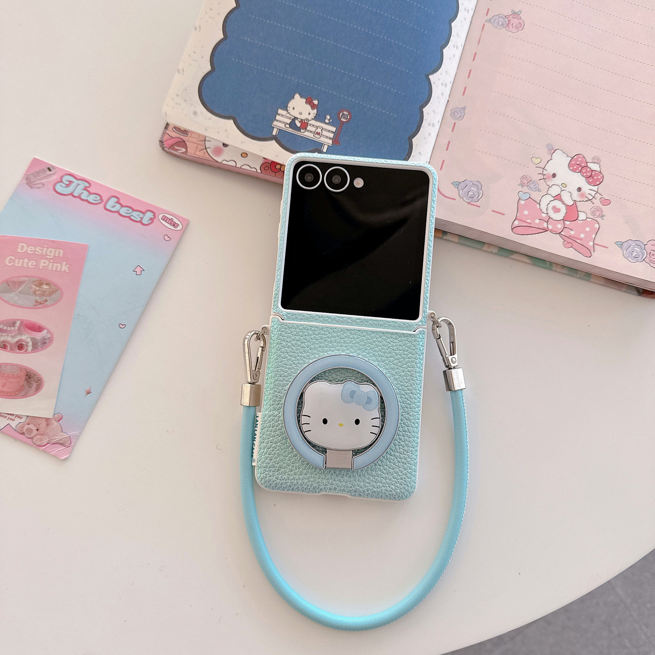 蓝色荔枝纹金属kitty支架适用三星zflip7/6/5手机壳oppon3flip防摔小米mixFlip折叠屏荣耀vflip全包华为purax