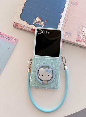 蓝色荔枝纹金属kitty支架适用三星zflip7/6/5手机壳oppon3flip防摔小米mixFlip折叠屏荣耀vflip全包华为purax