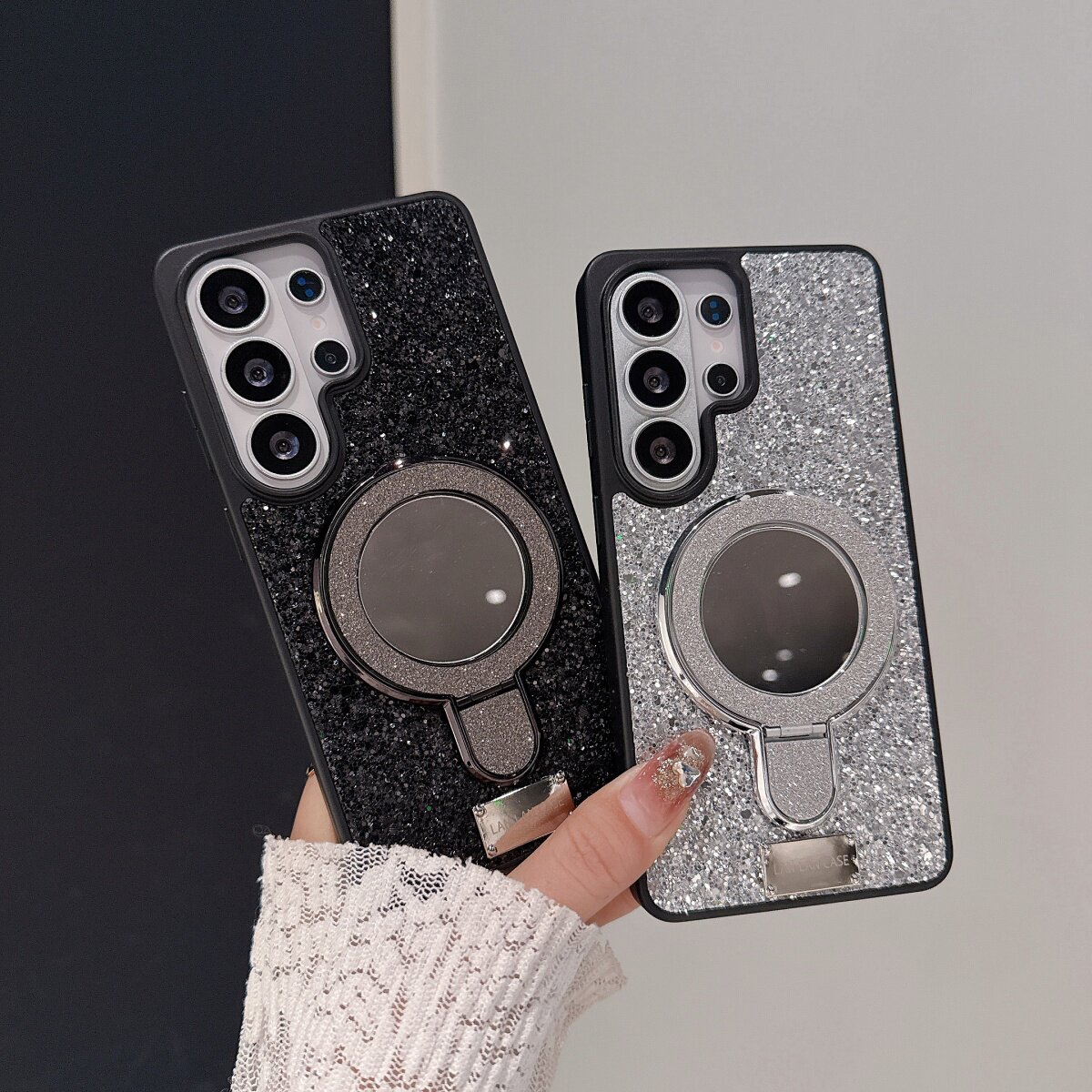 商务闪粉镜子指环磁吸支架适用三星S26 Ultra手机壳保护套Galaxys23/s24/s25plus全包防摔壳s26ultra磨砂暗黑