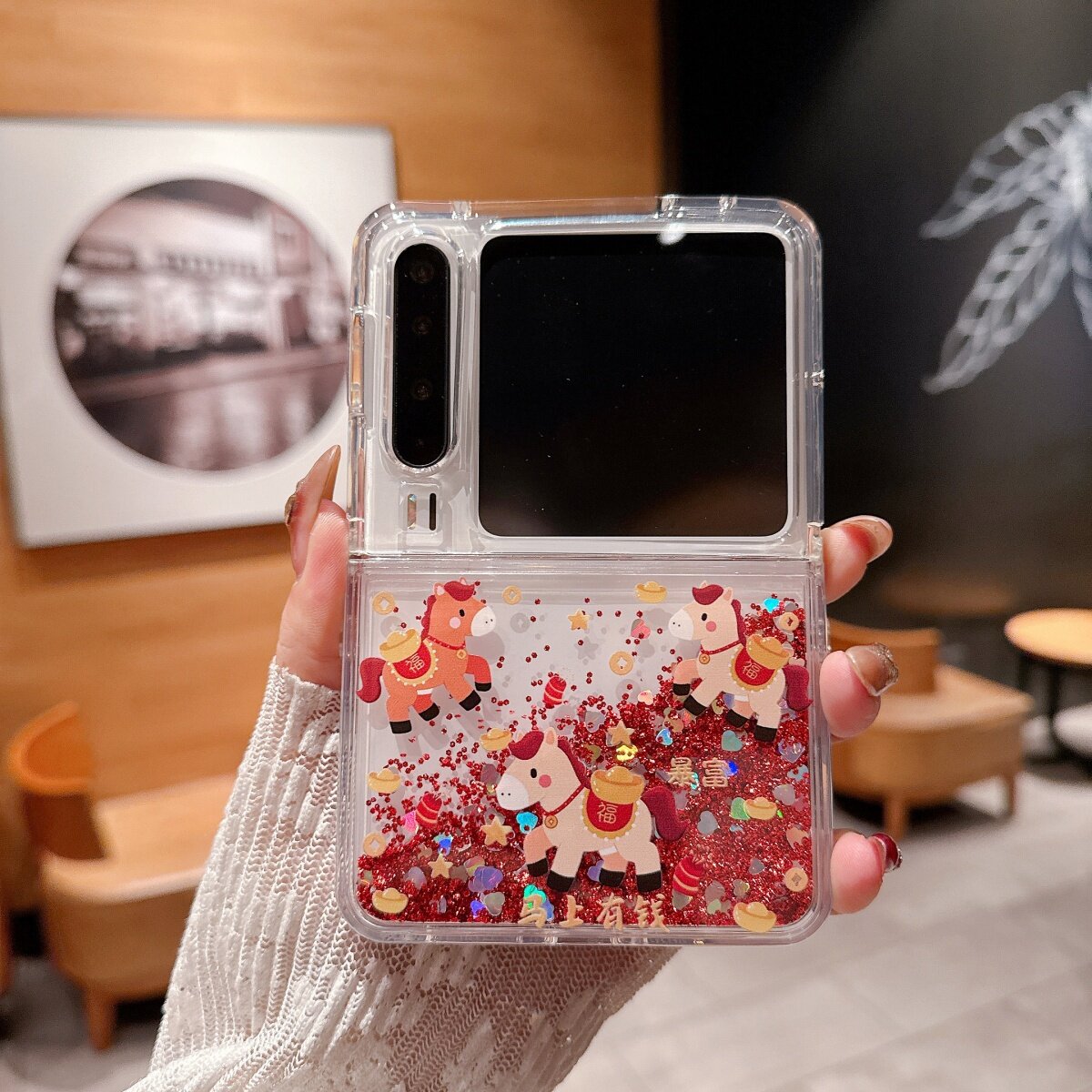 喜庆闪粉流沙壳小马上有钱适用华为PuraX手机壳折叠屏pocket2保护套三星zflip7/6/5潮荣耀vflip2小米mixflip2