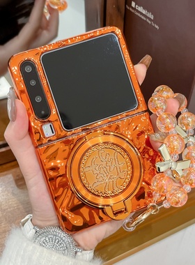 喜庆新中式橙色皱褶纹旋转发财支架适用华为purax手机壳防摔保护套pocket2折叠屏全包三星zflip7/6/5国风新年